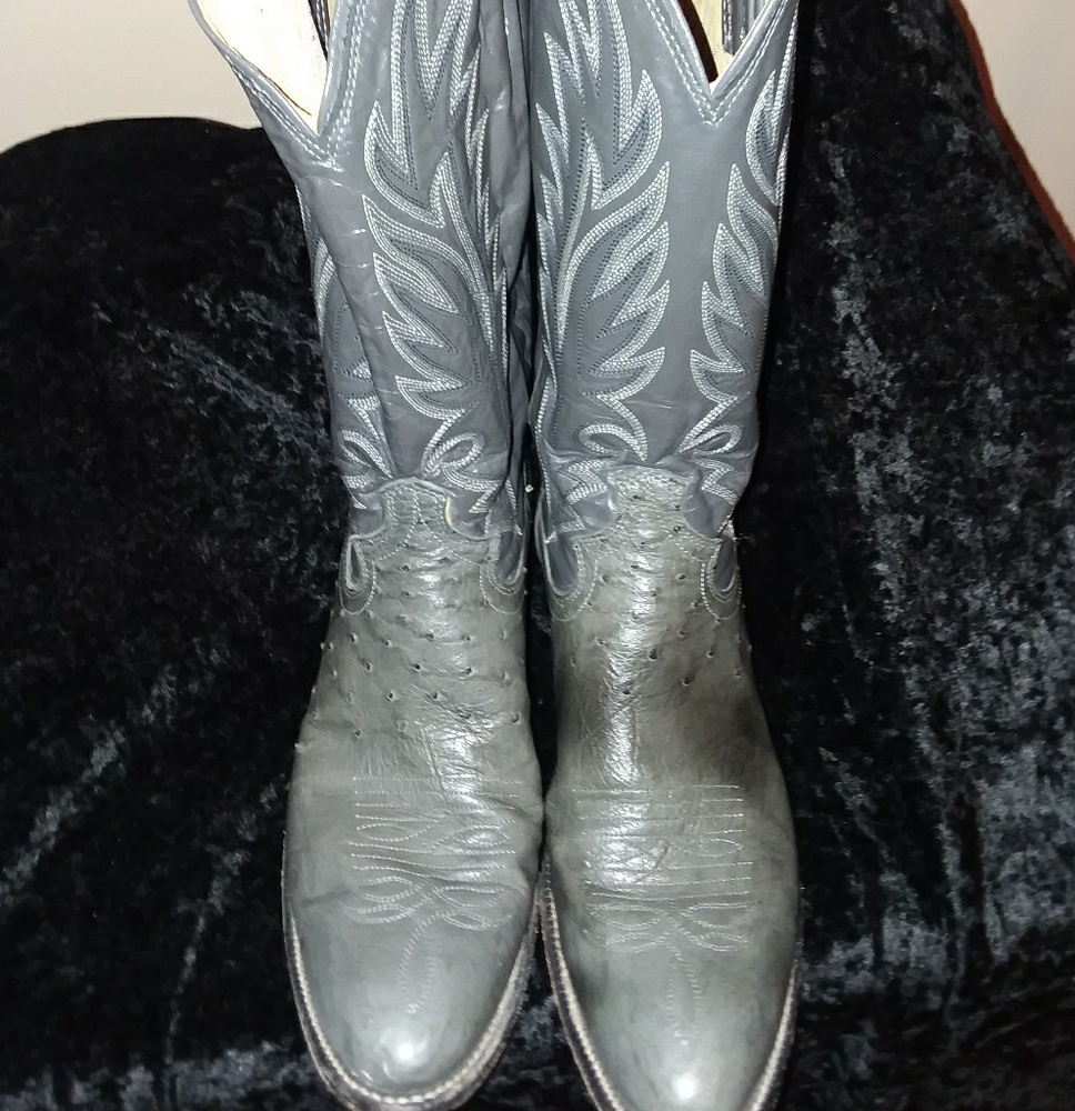 Justin's Ostrich skin boots, one brown one grey